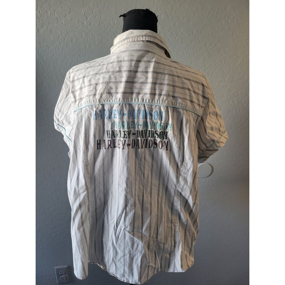 Harley-Davidson White Striped Short Sleeve Pearl Snap Button Down Top Size M - Picture 6 of 12
